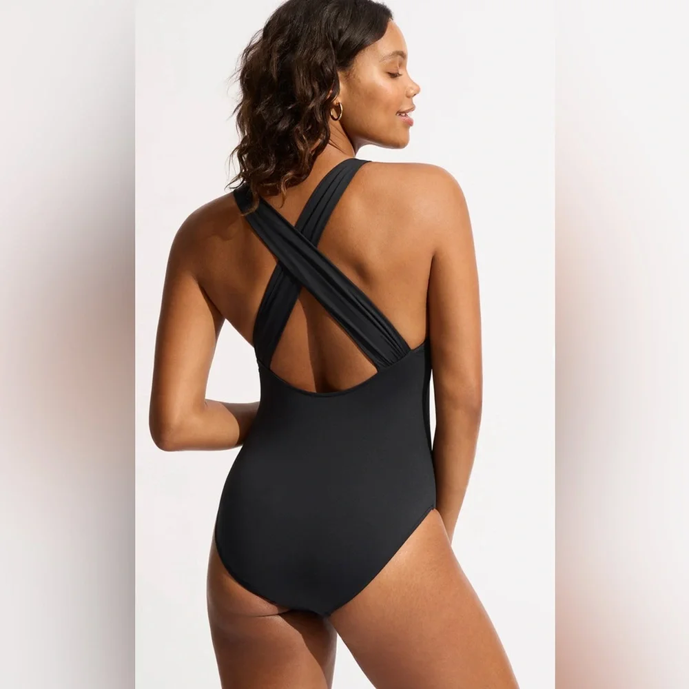 Seafolly Collective Cross Back One Piece Swimsuit Size 12 In Black New - Picture 2 of 7